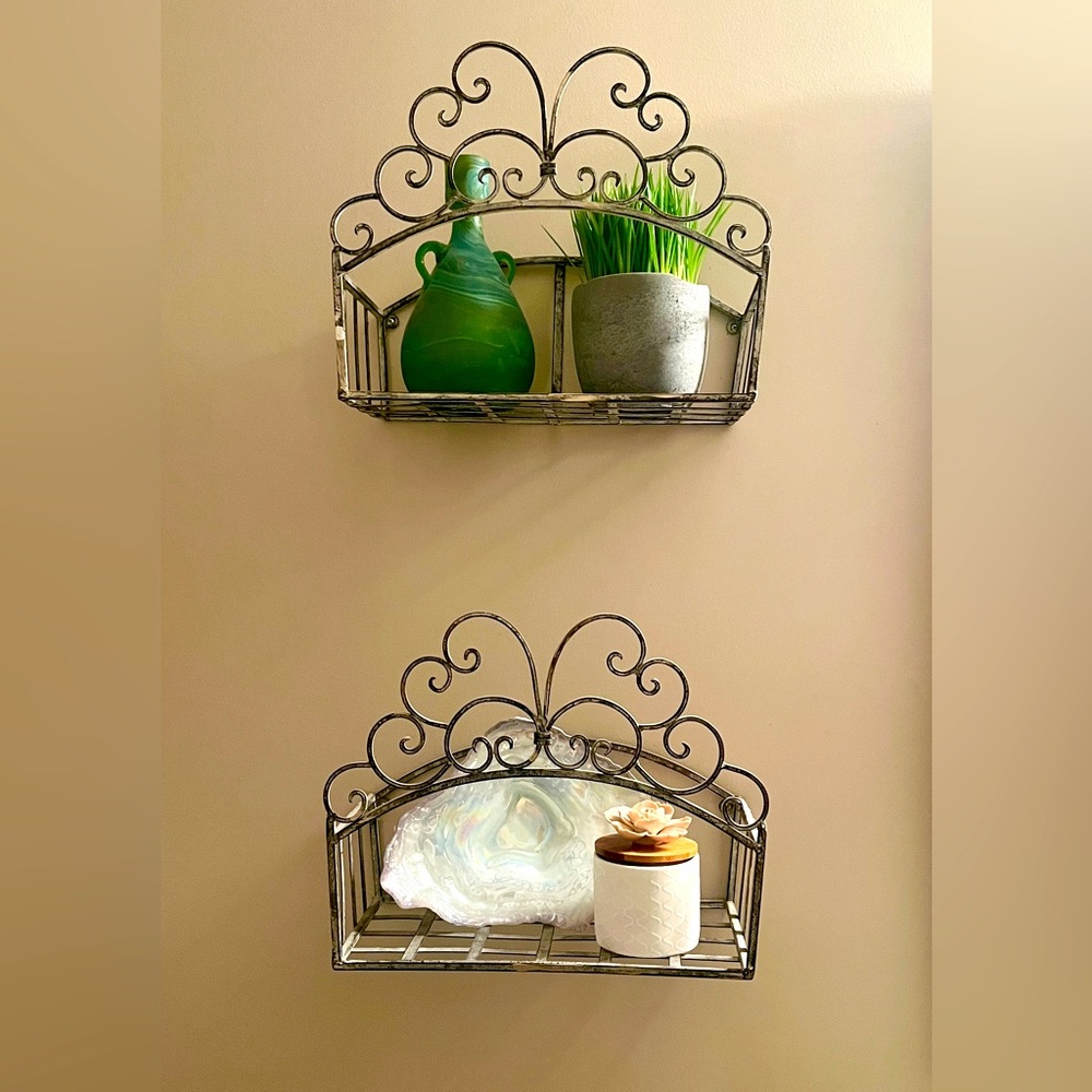 2 metal shelves. Decorations not included.